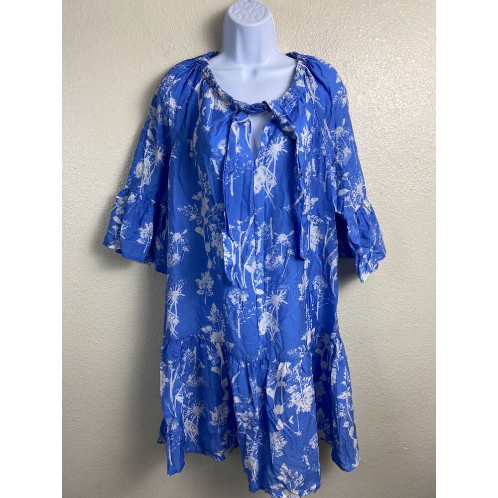 & Other Stories Blue Floral Midi Dress size Small Ruffle Sleeves Tiered Hem Boho